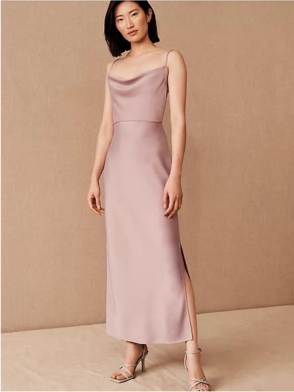 BHLDN Blush Satin Cowl Neck Midi Dress